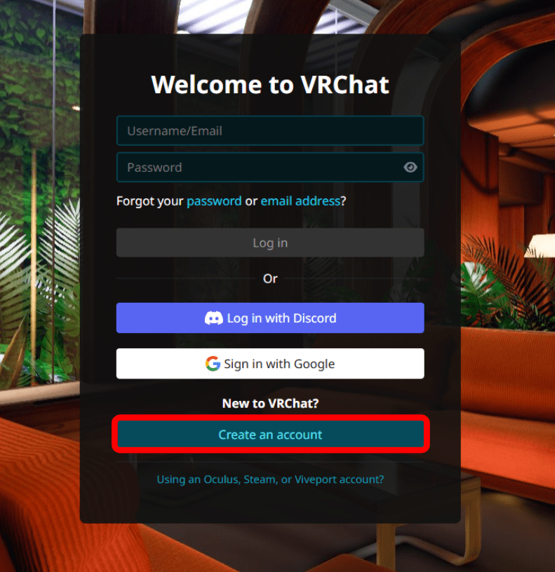 VRChatの公式サイトにアクセスし、「Create a New Account」を選択してください。